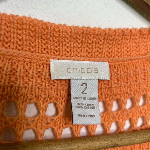 Chico’s Coral Open Knit Linen Crochet V Neck Beachy Top Size 2 (L) - Picture 7 of 13